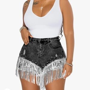 Unbranded Rhinestone Pearl Beaded Fringe Women Denim Shorts. Size Small (black)